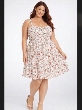 Torrid Floral Lace Dress 3X 22 24 White Overlay Sweetheart Smocked Cottage EUC